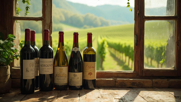 Une fenêtre donnant sur un paysage verdoyant, avec des bouteilles de vin sur le rebord.