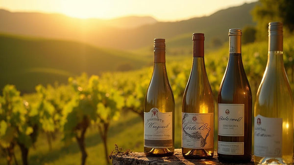 Bouteilles de vin sur fond de vignoble au coucher de soleil