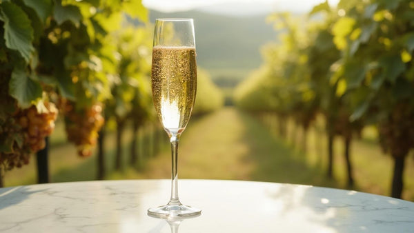 Une coupe de champagne effervescent posée sur une table de marbre avec un paysage de vignes en arrière-plan.