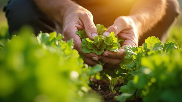 Mains de personne cueillant des feuilles vertes dans un champ