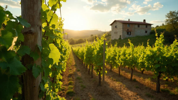 Rangées de vignes vertes avec une maison ancienne en arrière-plan